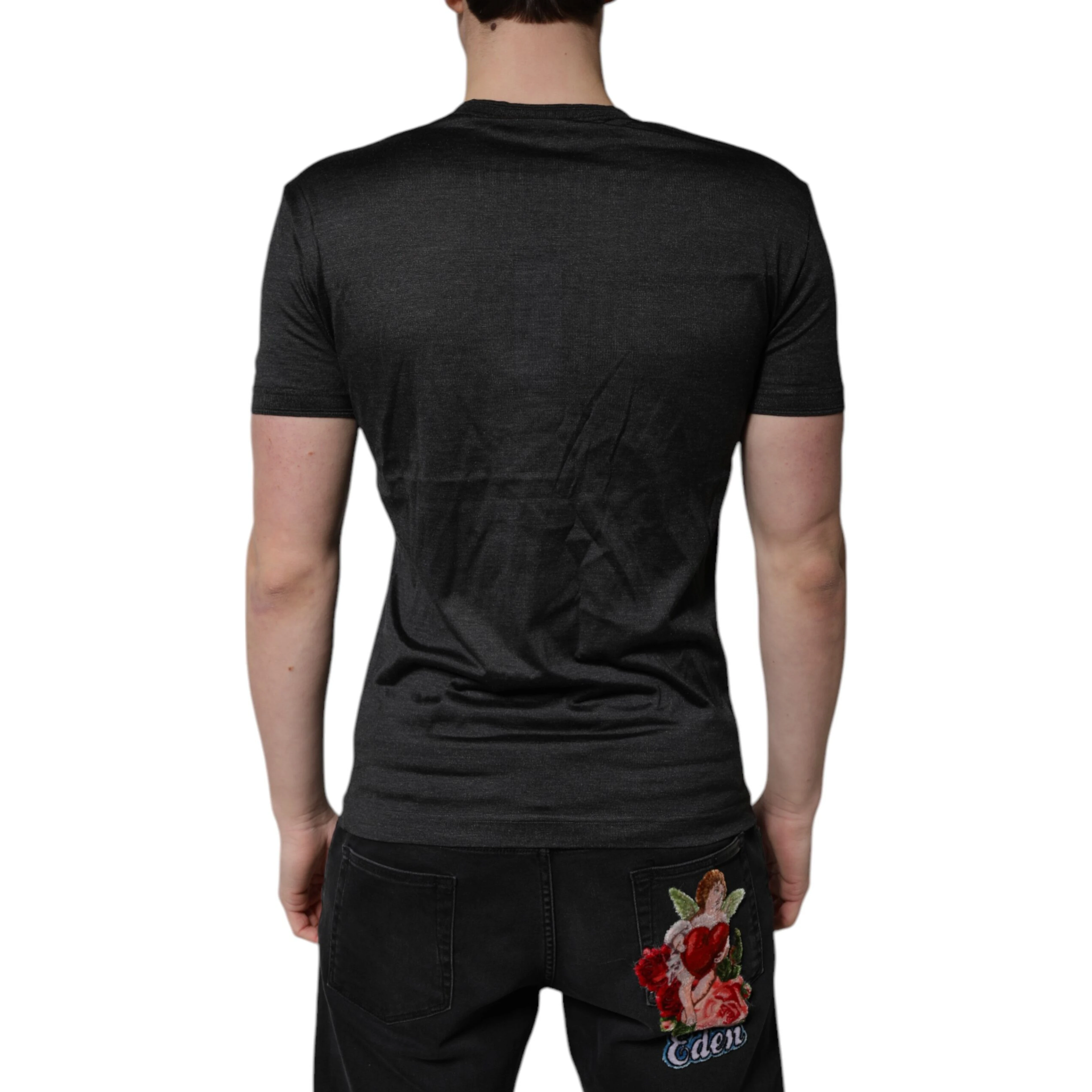 Dark Gray Silk V-neck Short Sleeves T-shirt