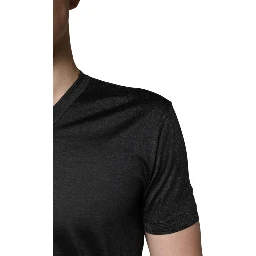 Dark Gray Silk V-neck Short Sleeves T-shirt