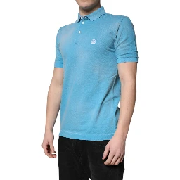 Blue Cotton Crown Collared Men Polo T-shirt