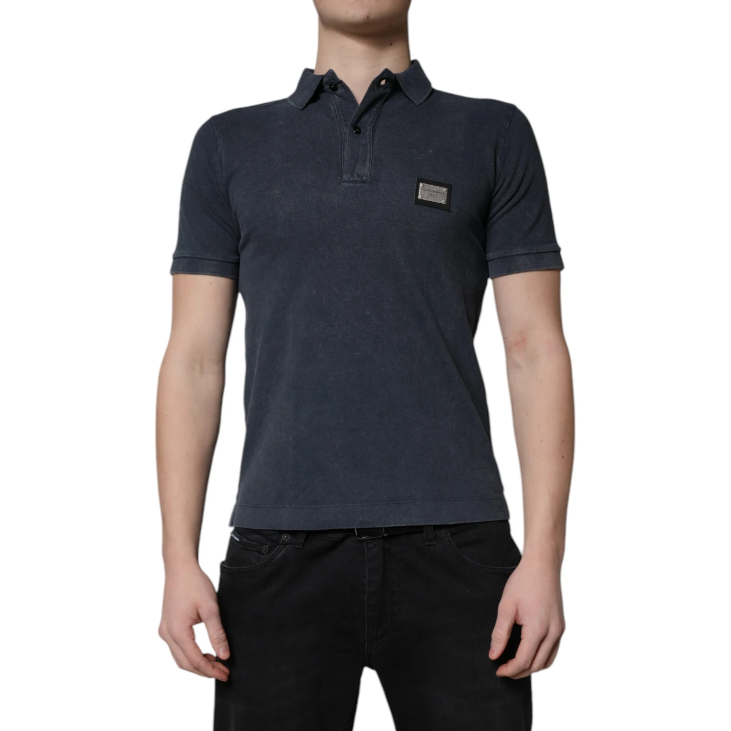 Dark Blue Logo Plaque Cotton Men Polo Shirt T-shirt
