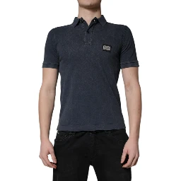 Dark Blue Logo Plaque Cotton Men Polo Shirt T-shirt