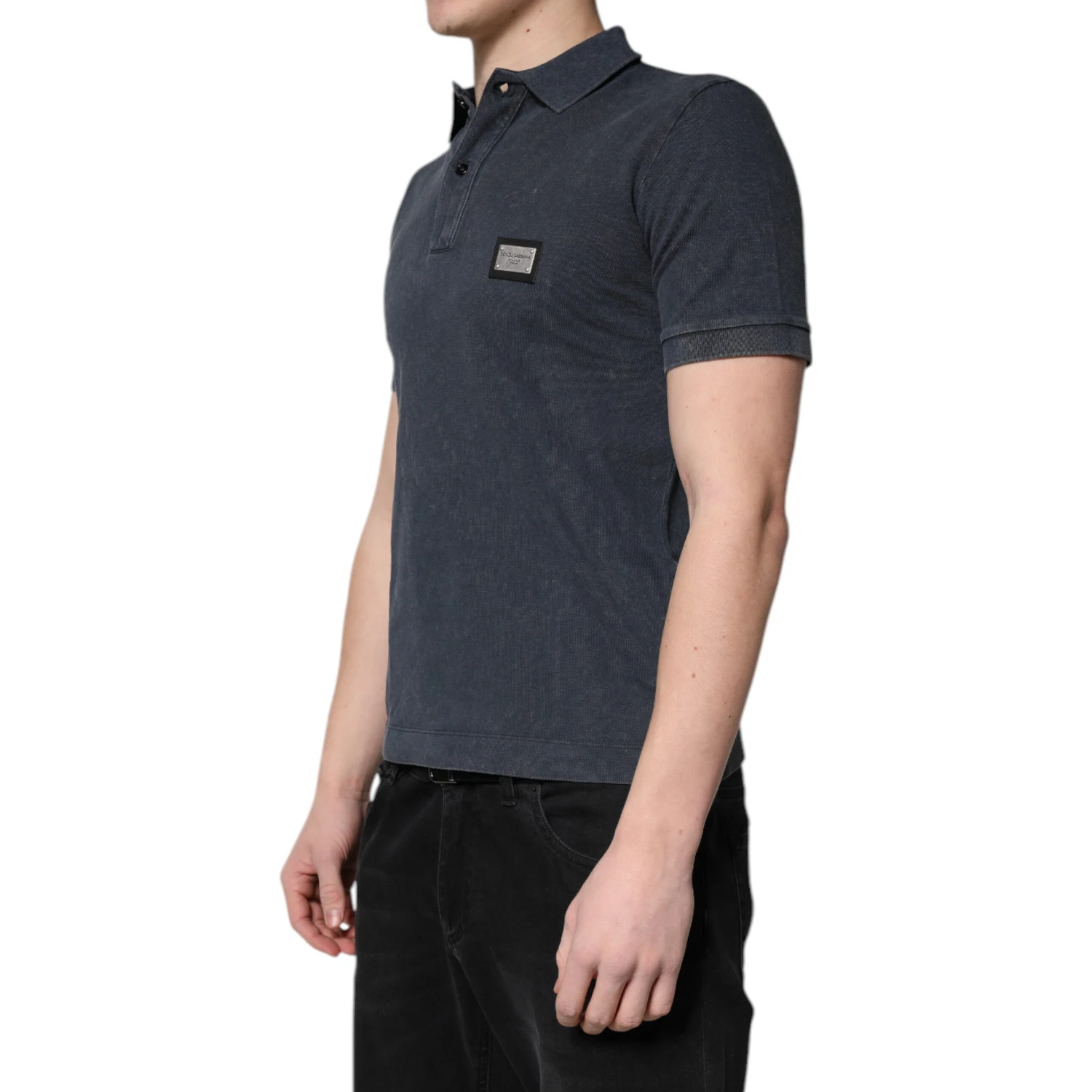 Dark Blue Logo Plaque Cotton Men Polo Shirt T-shirt