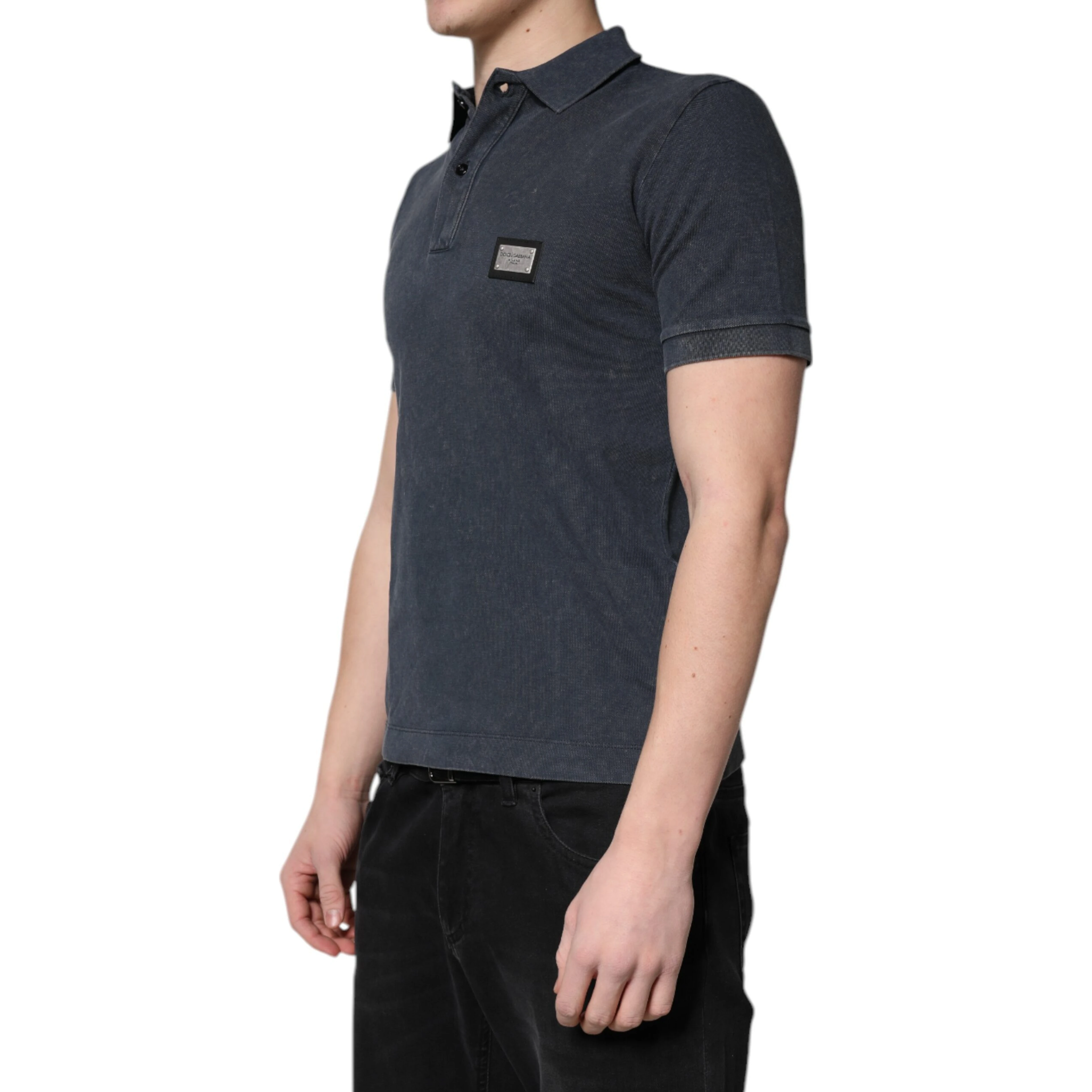 Dark Blue Logo Plaque Cotton Men Polo Shirt T-shirt
