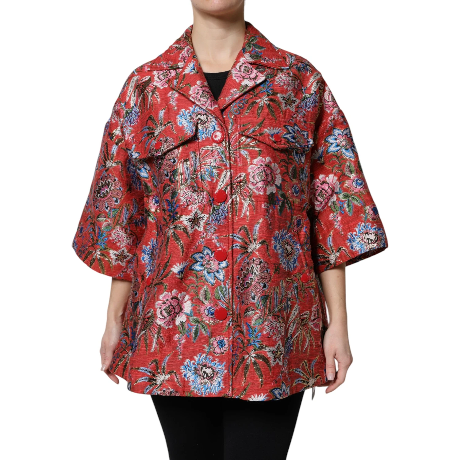 Red Floral Jacquard Button Down Coat Jacket