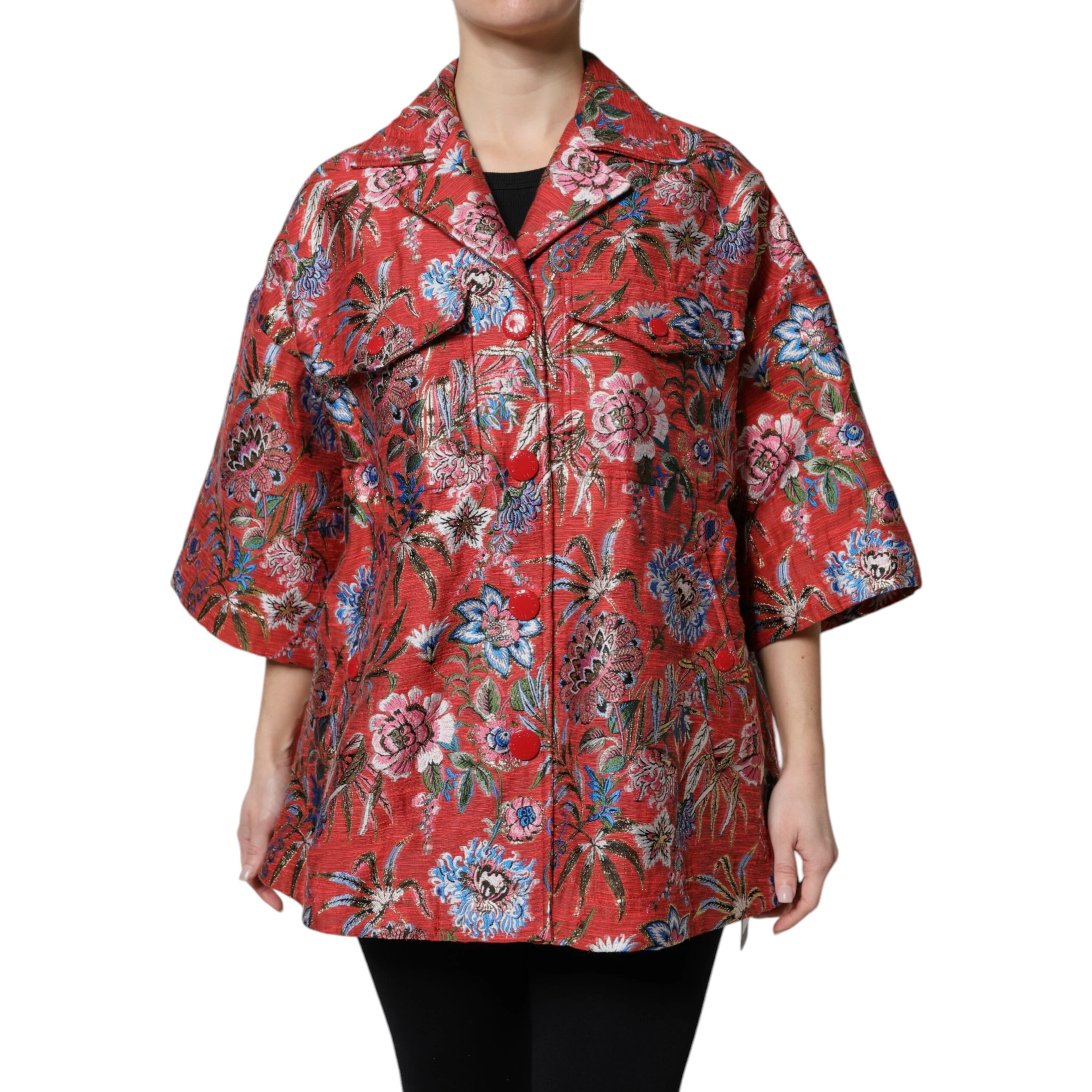 Red Floral Jacquard Button Down Coat Jacket