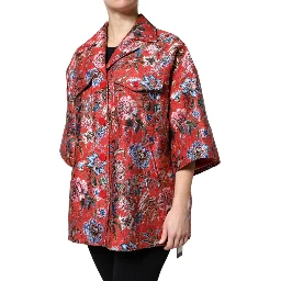 Red Floral Jacquard Button Down Coat Jacket
