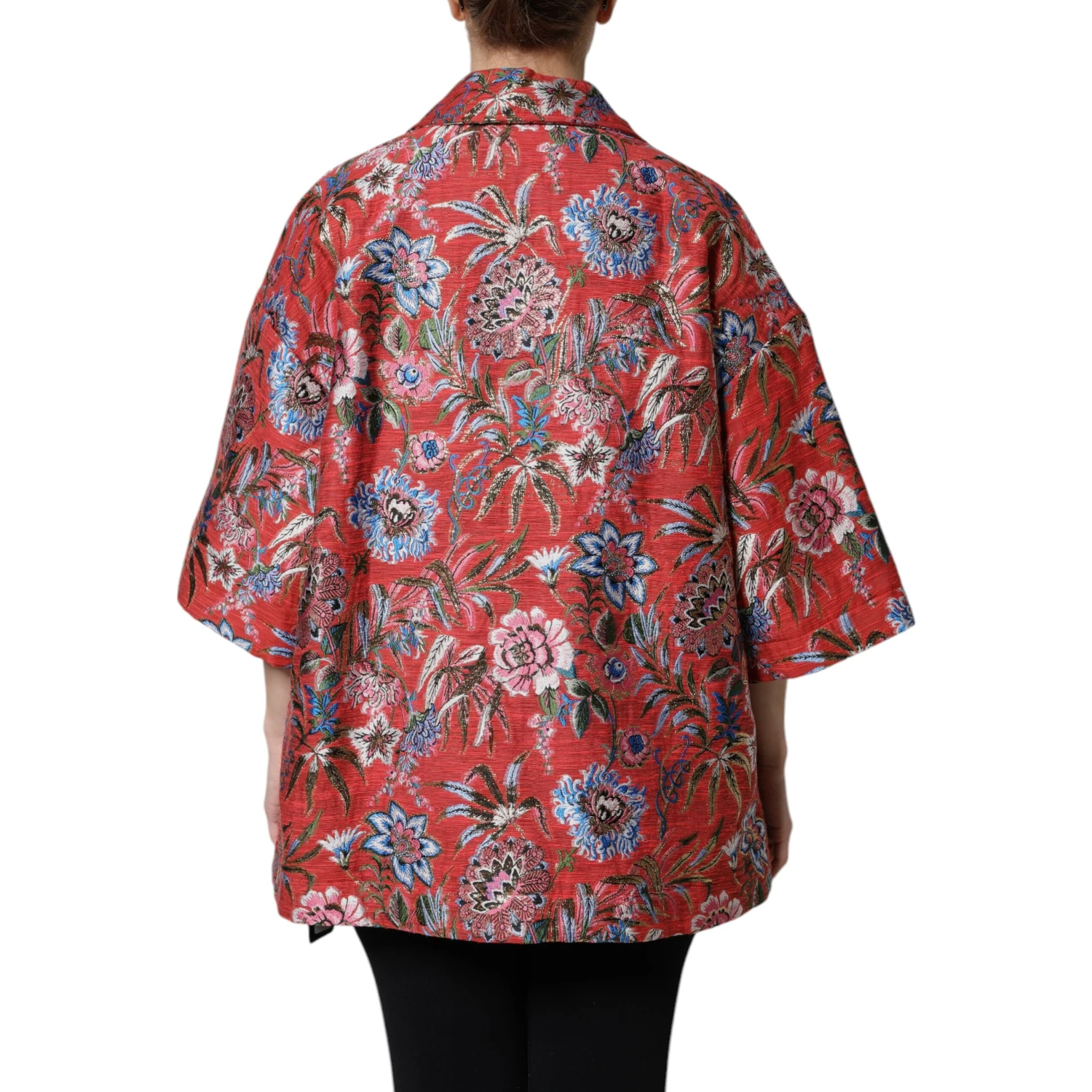 Red Floral Jacquard Button Down Coat Jacket
