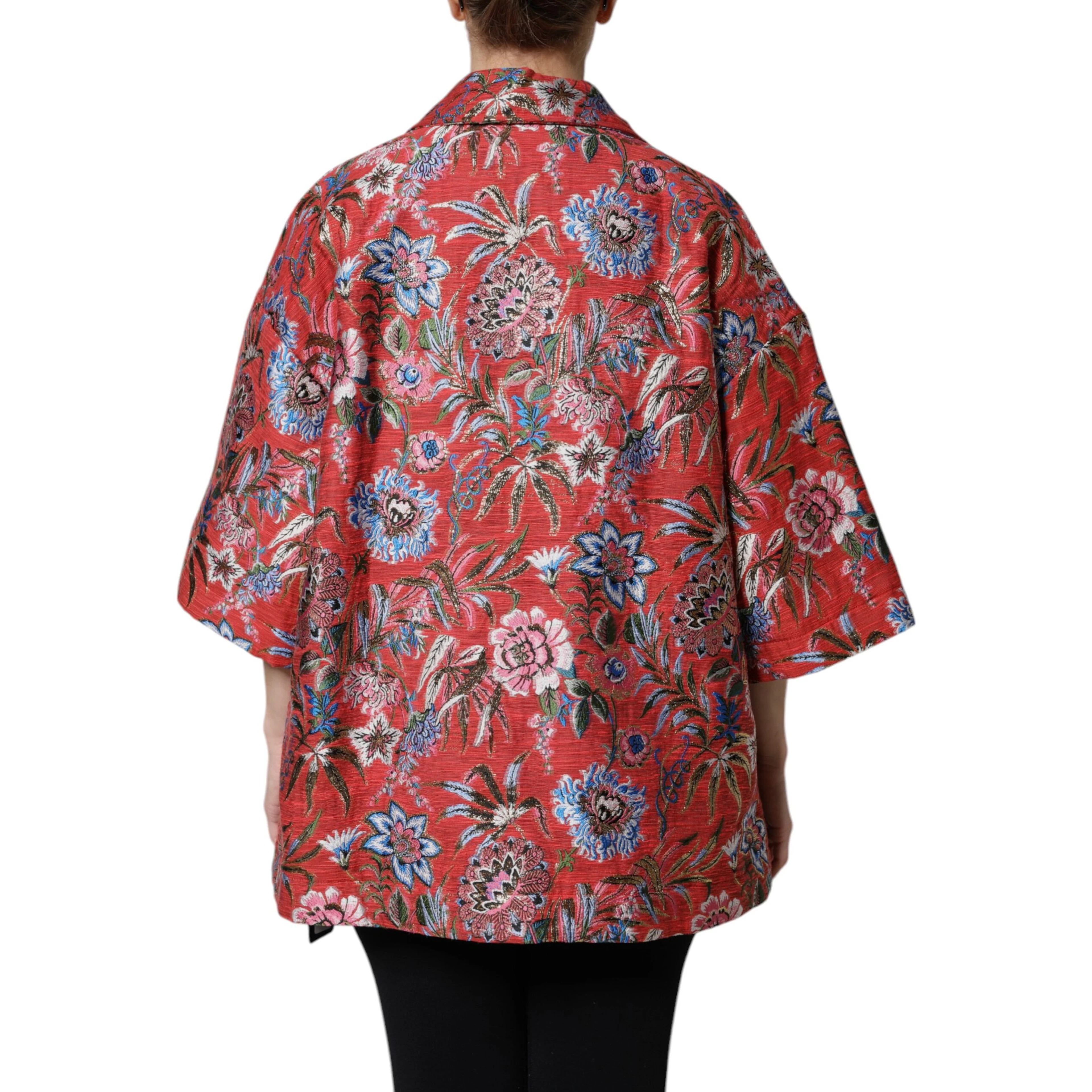 Red Floral Jacquard Button Down Coat Jacket