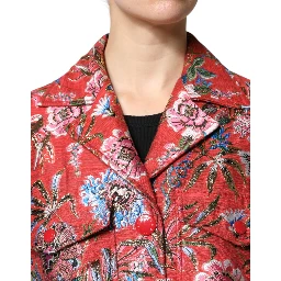 Red Floral Jacquard Button Down Coat Jacket