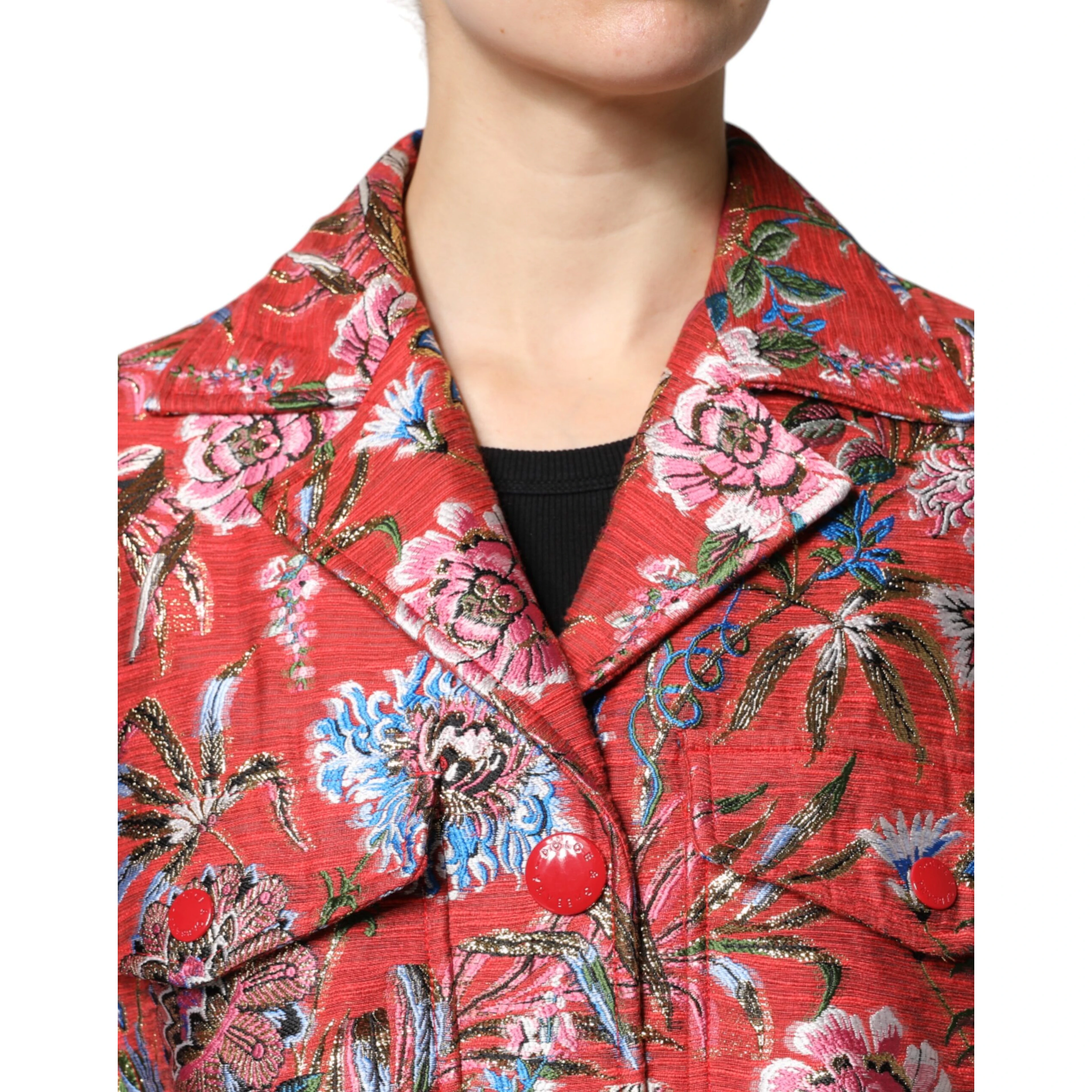 Red Floral Jacquard Button Down Coat Jacket