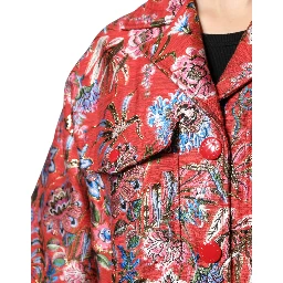 Red Floral Jacquard Button Down Coat Jacket