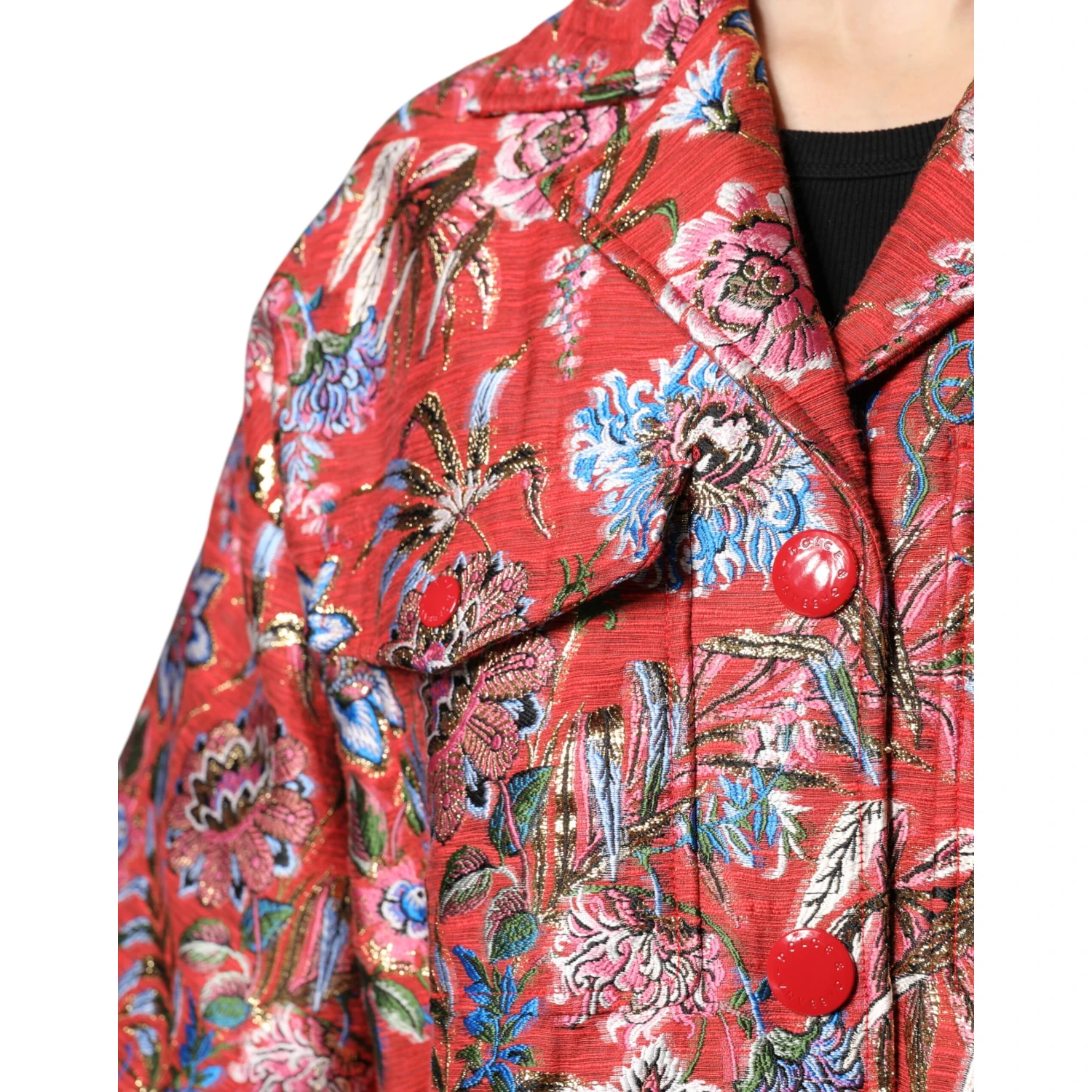 Red Floral Jacquard Button Down Coat Jacket
