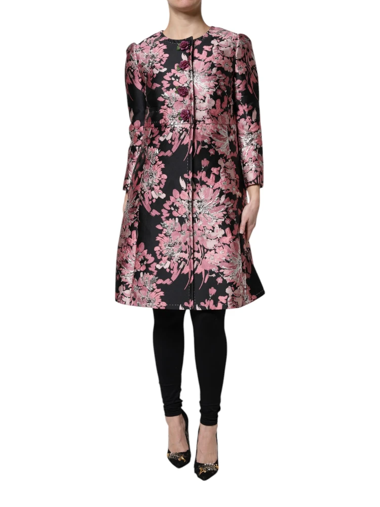 Pink Black Floral Brocade Trenchcoat Jacket