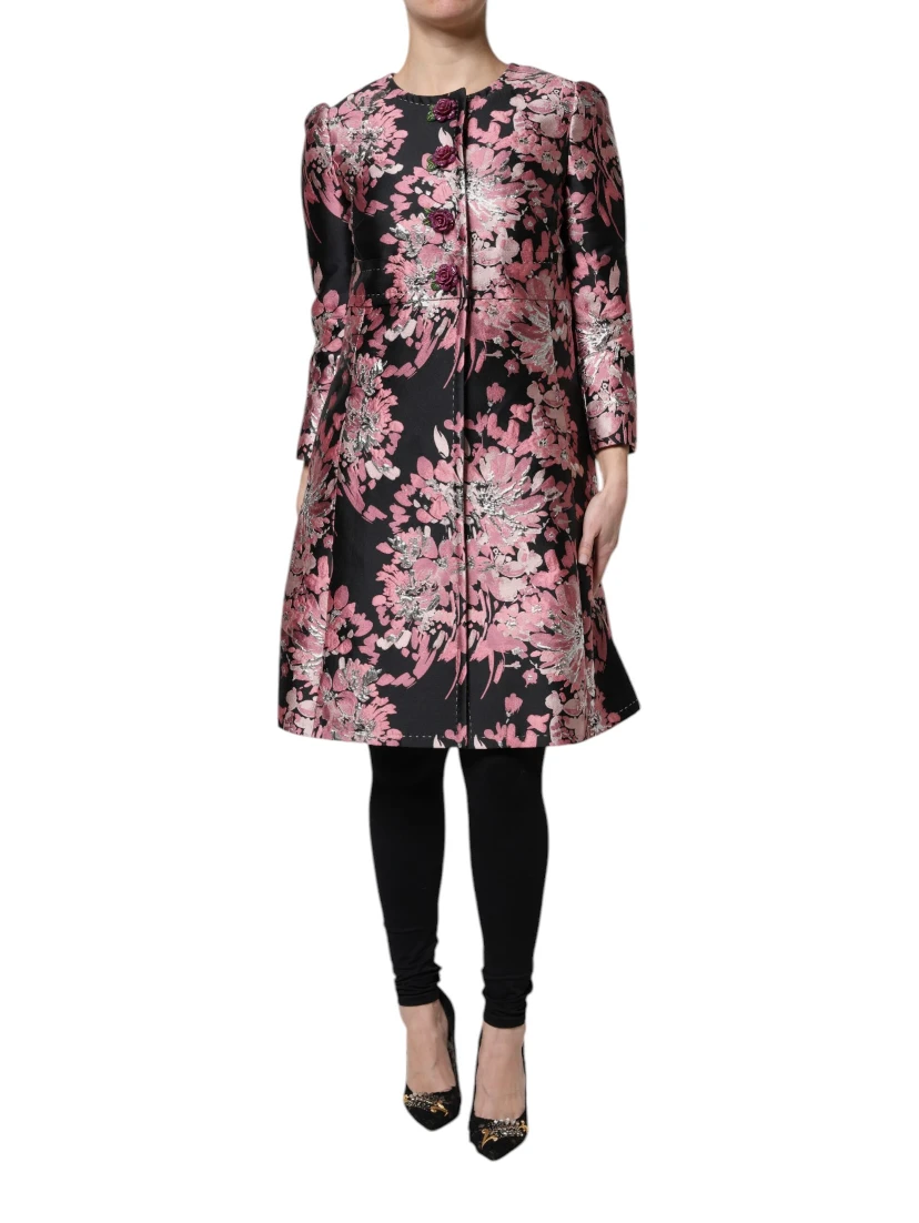 Pink Black Floral Brocade Trenchcoat Jacket