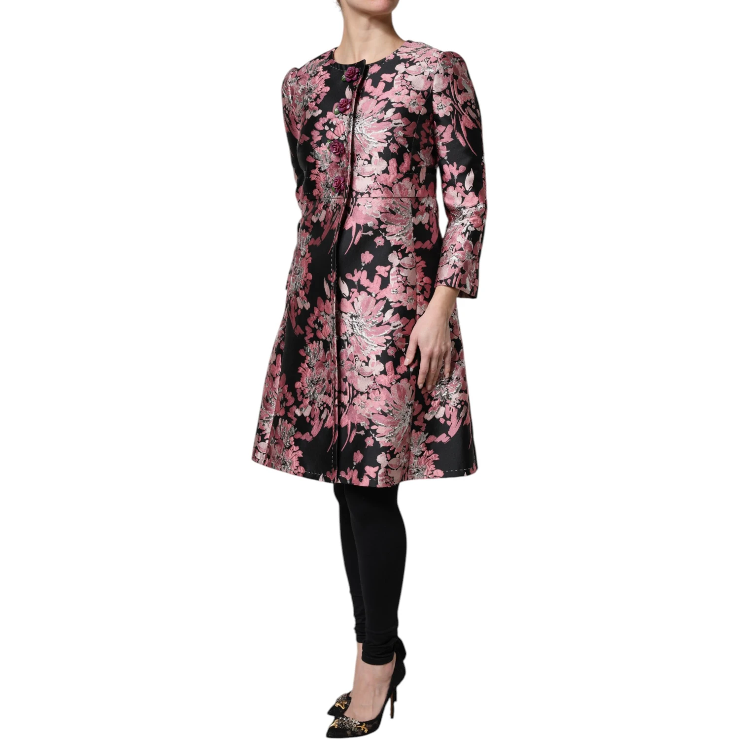 Pink Black Floral Brocade Trenchcoat Jacket