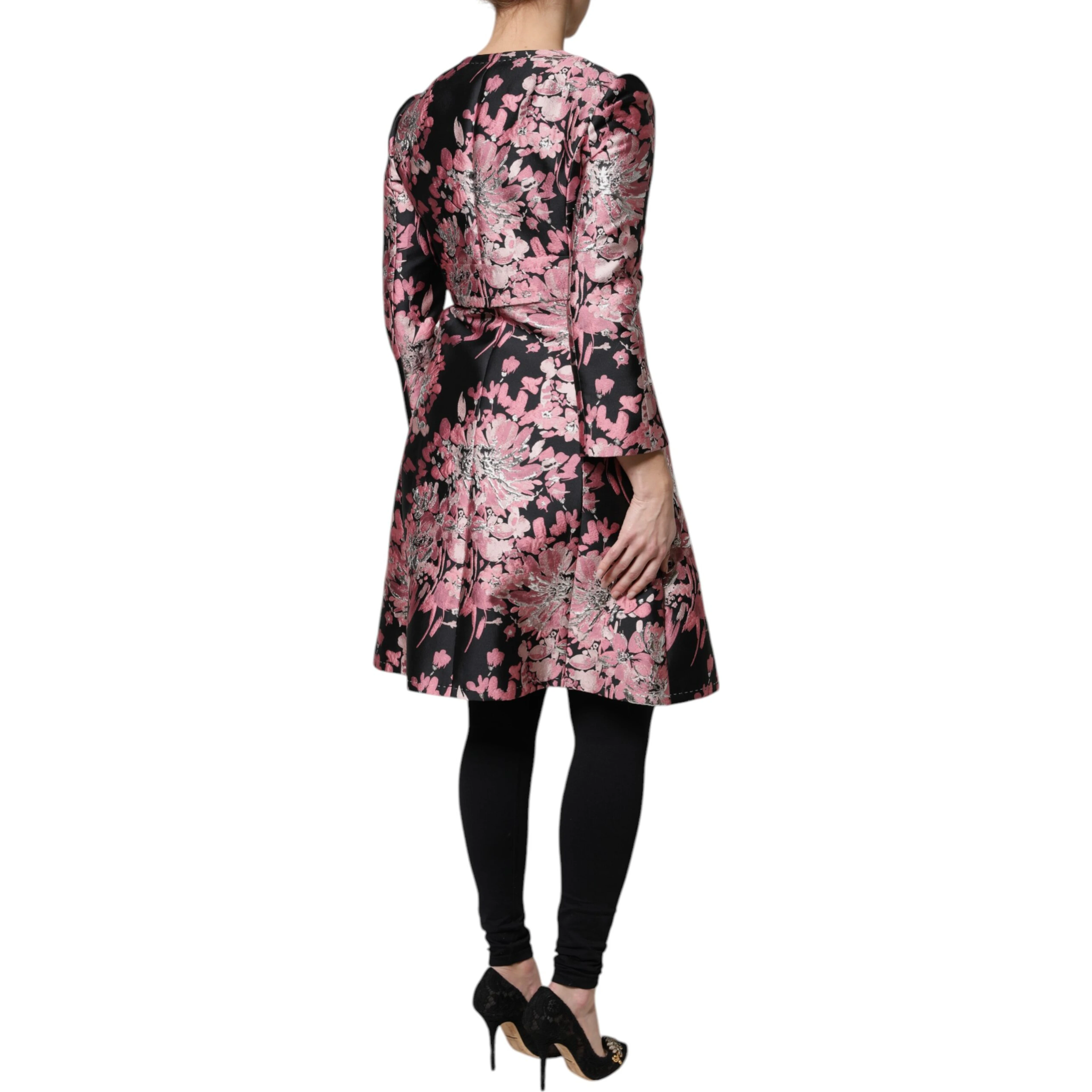 Pink Black Floral Brocade Trenchcoat Jacket