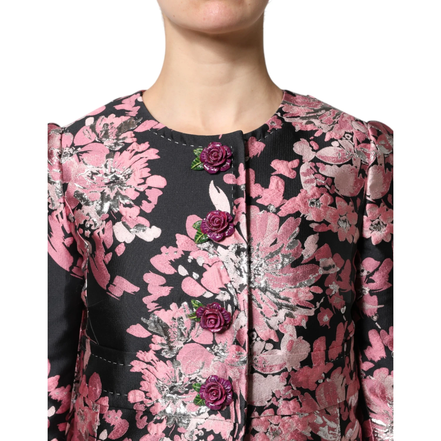 Pink Black Floral Brocade Trenchcoat Jacket
