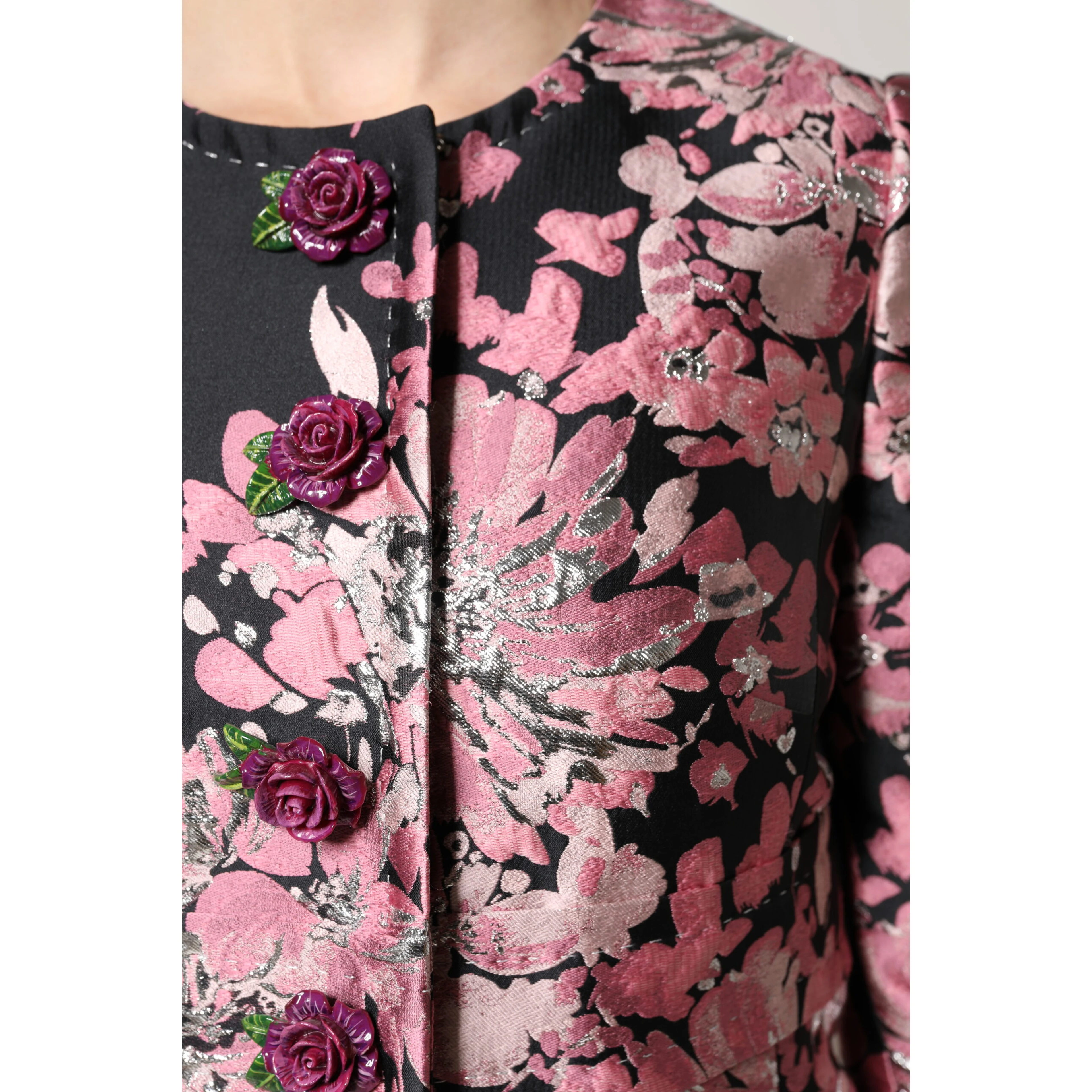 Pink Black Floral Brocade Trenchcoat Jacket