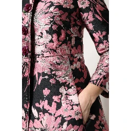 Pink Black Floral Brocade Trenchcoat Jacket
