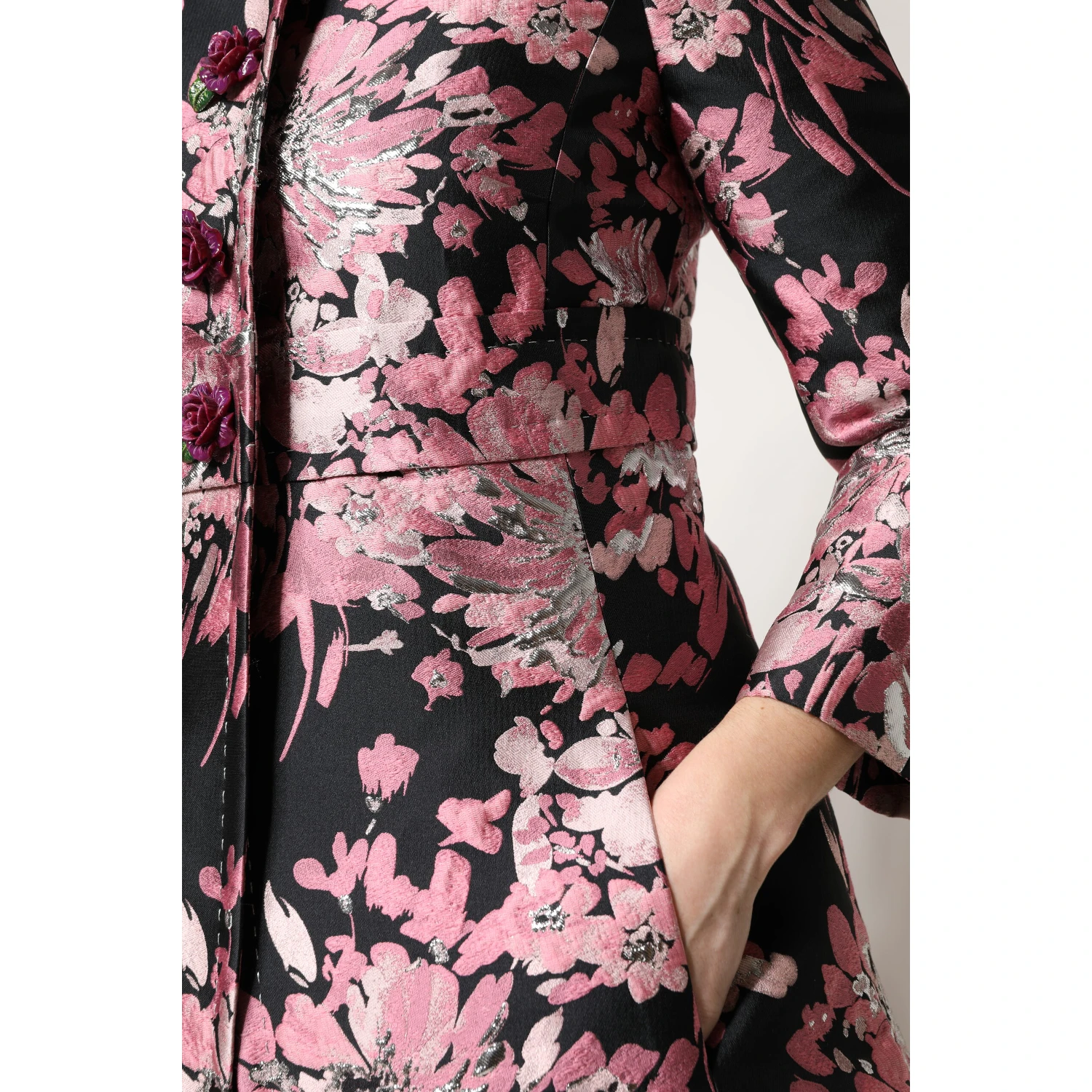 Pink Black Floral Brocade Trenchcoat Jacket