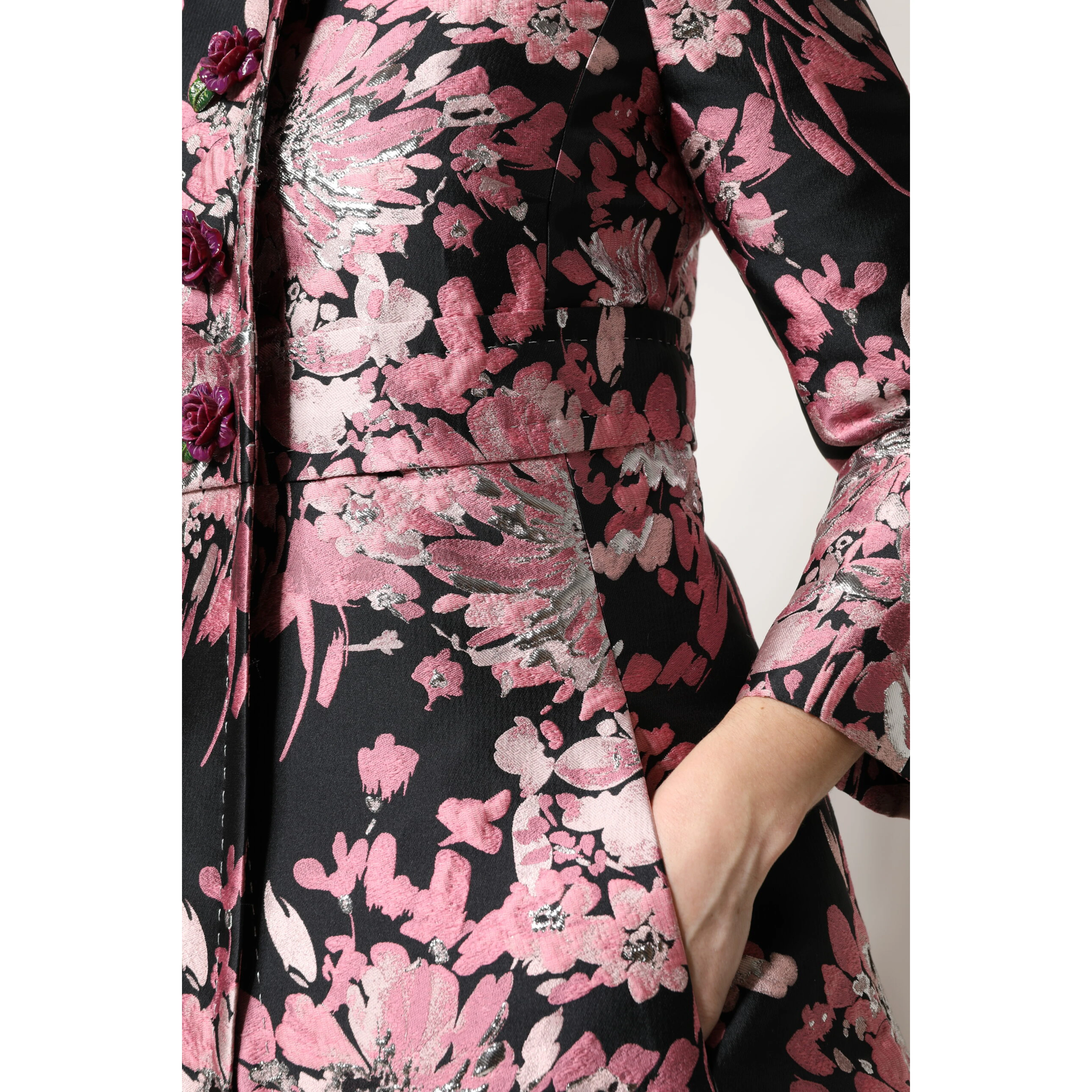 Pink Black Floral Brocade Trenchcoat Jacket