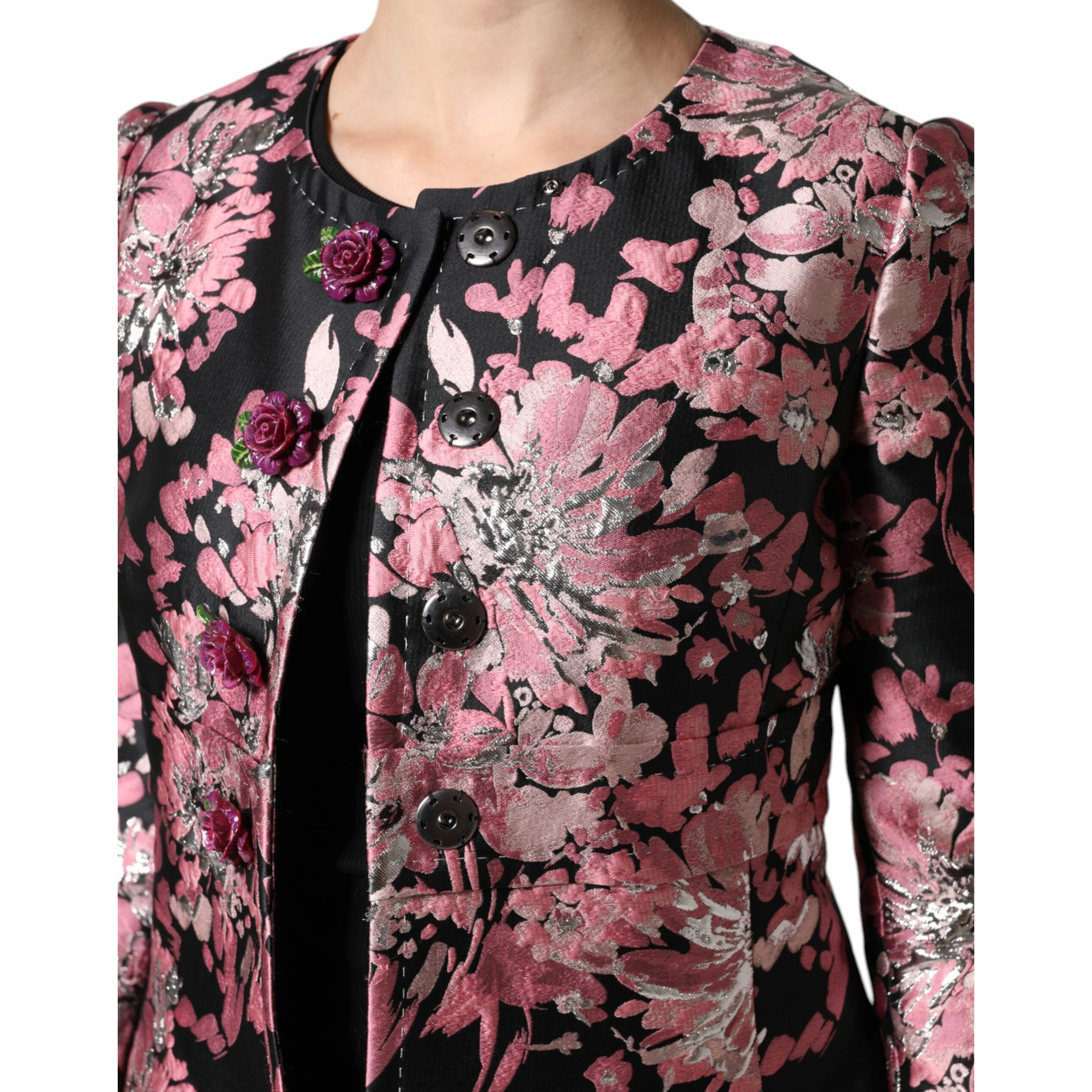 Pink Black Floral Brocade Trenchcoat Jacket