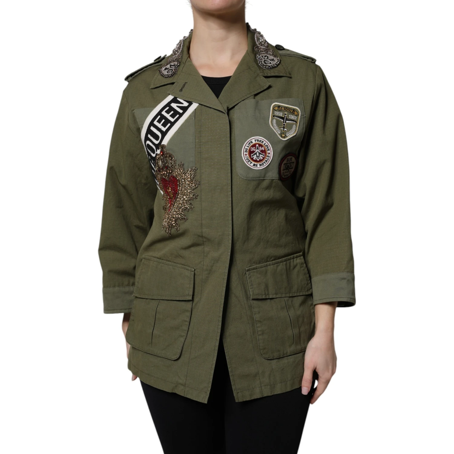 Military Green Queen Embellished Coat Jacket