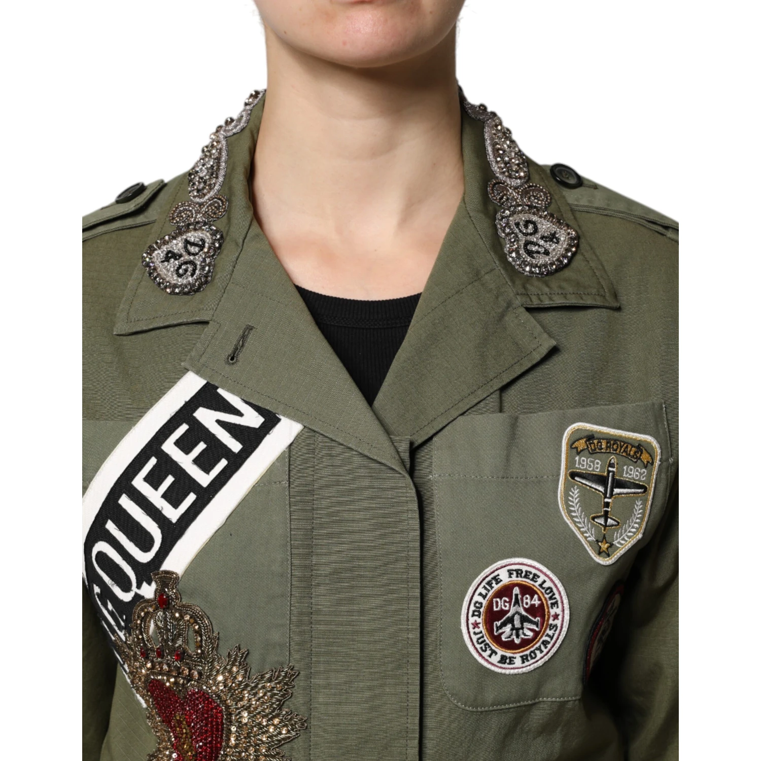 Military Green Queen Embellished Coat Jacket