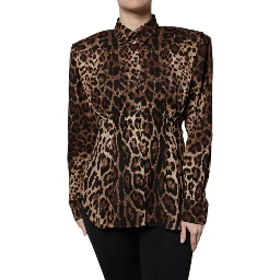 Brown Leopard Silk Button Down Coat Jacket