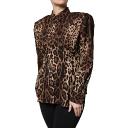 Brown Leopard Silk Button Down Coat Jacket