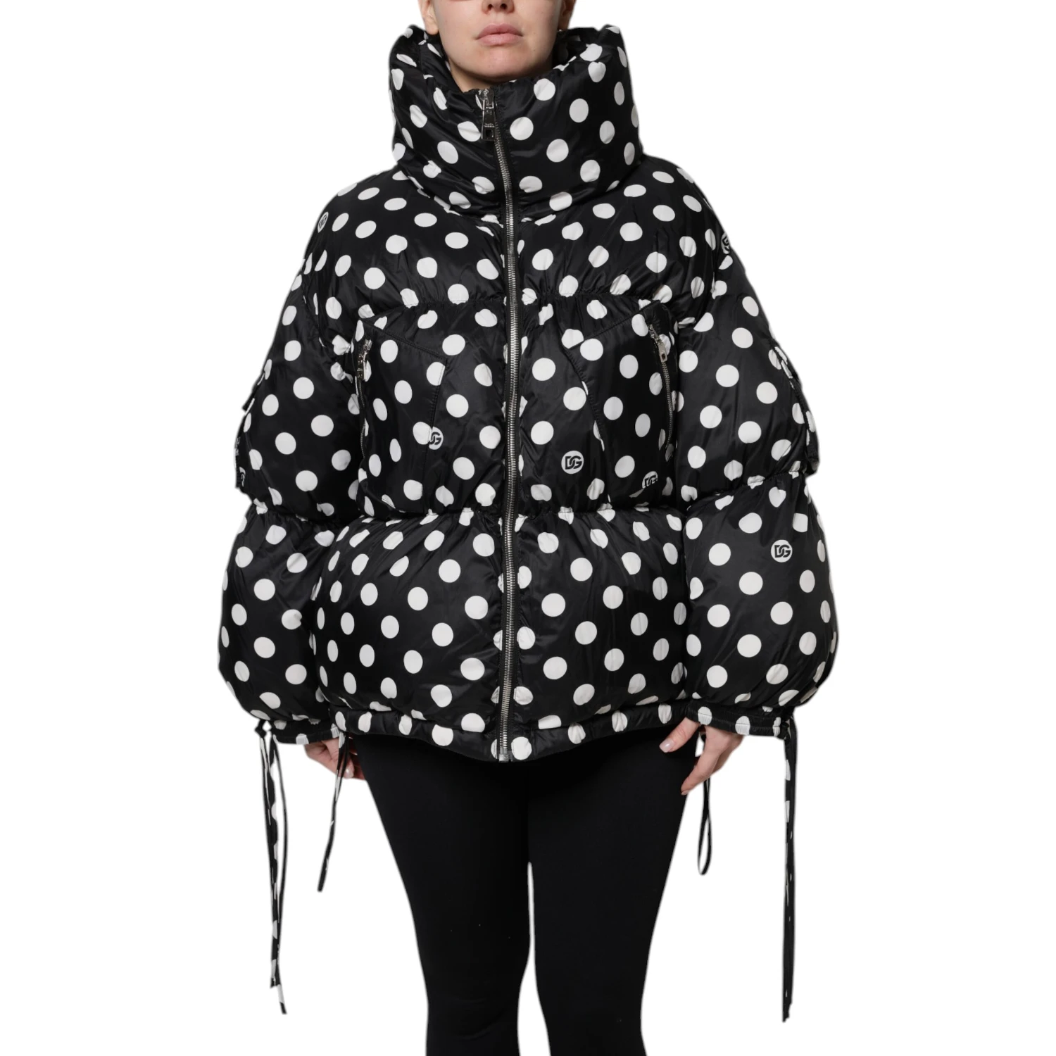 Black White Polka Dot Full Zip Puffer Jacket