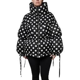 Black White Polka Dot Full Zip Puffer Jacket