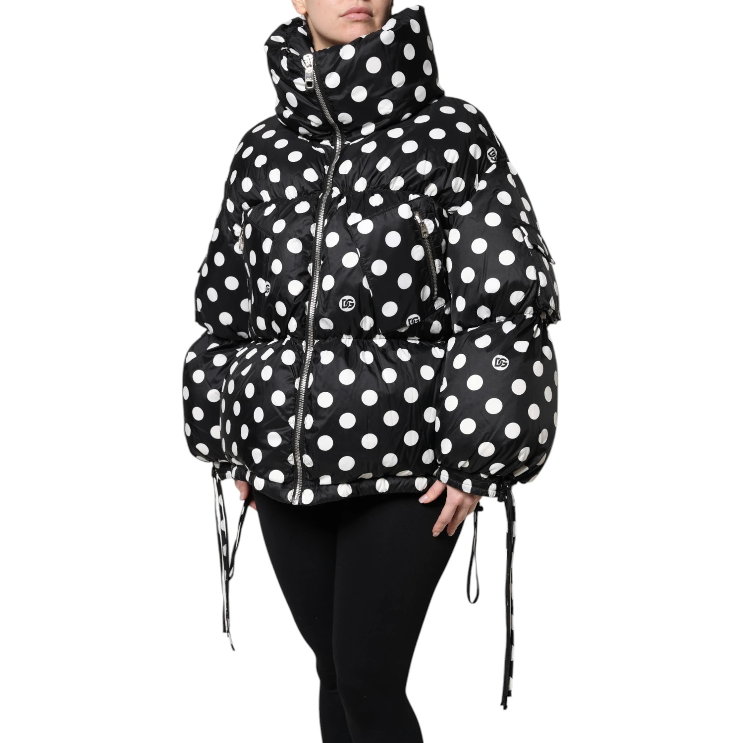 Black White Polka Dot Full Zip Puffer Jacket