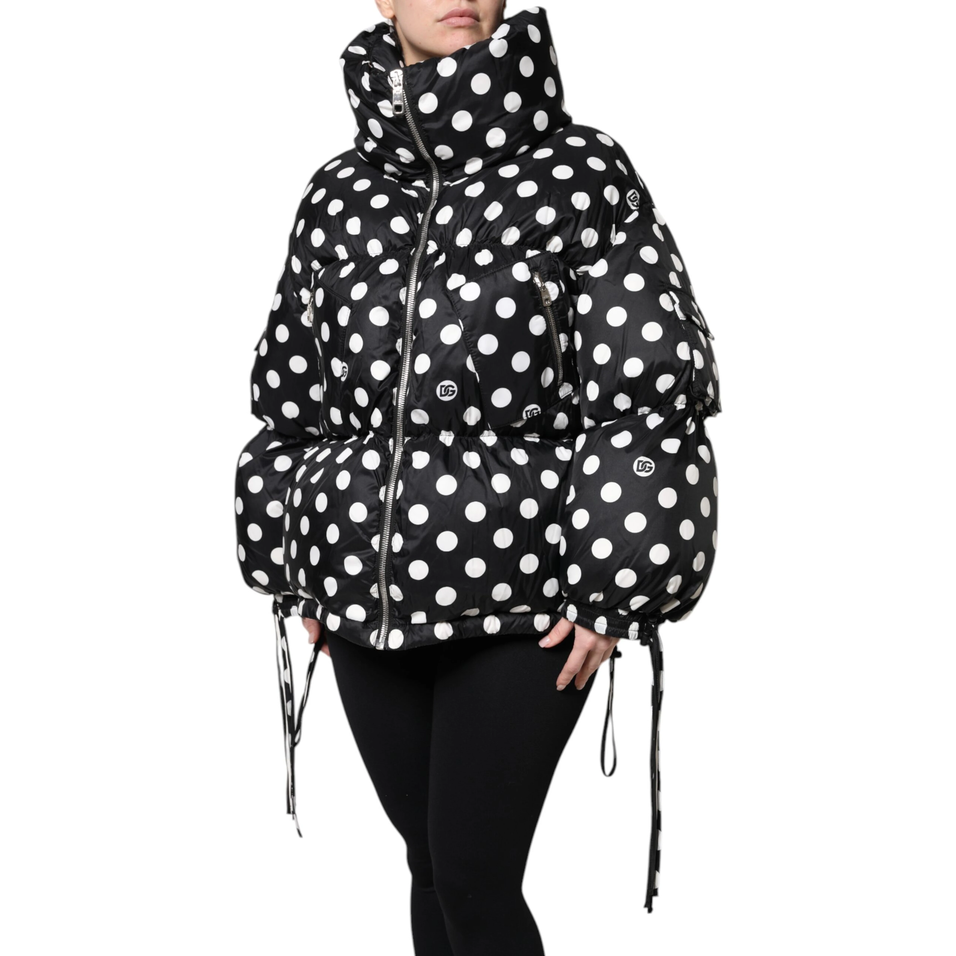 Black White Polka Dot Full Zip Puffer Jacket
