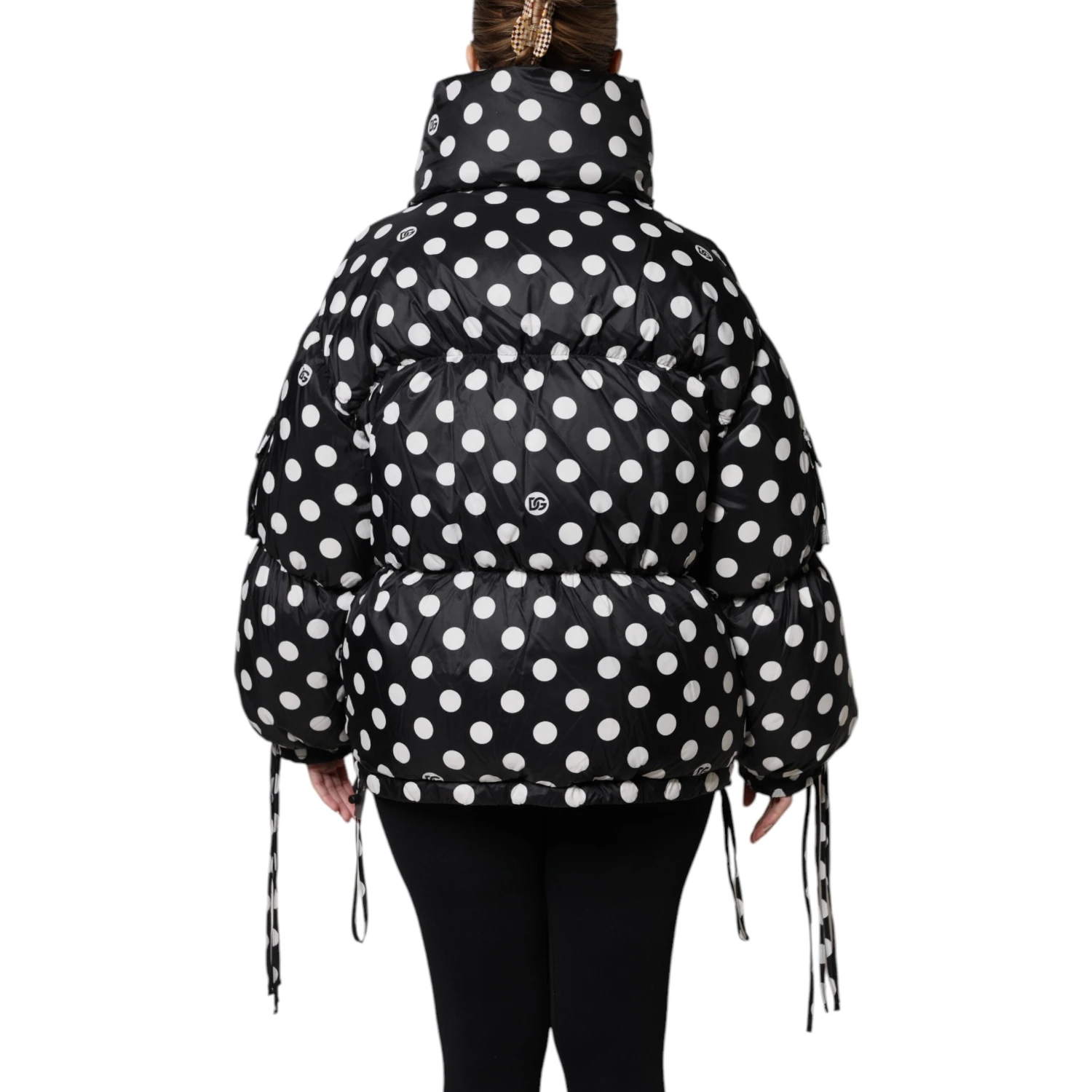 Black White Polka Dot Full Zip Puffer Jacket
