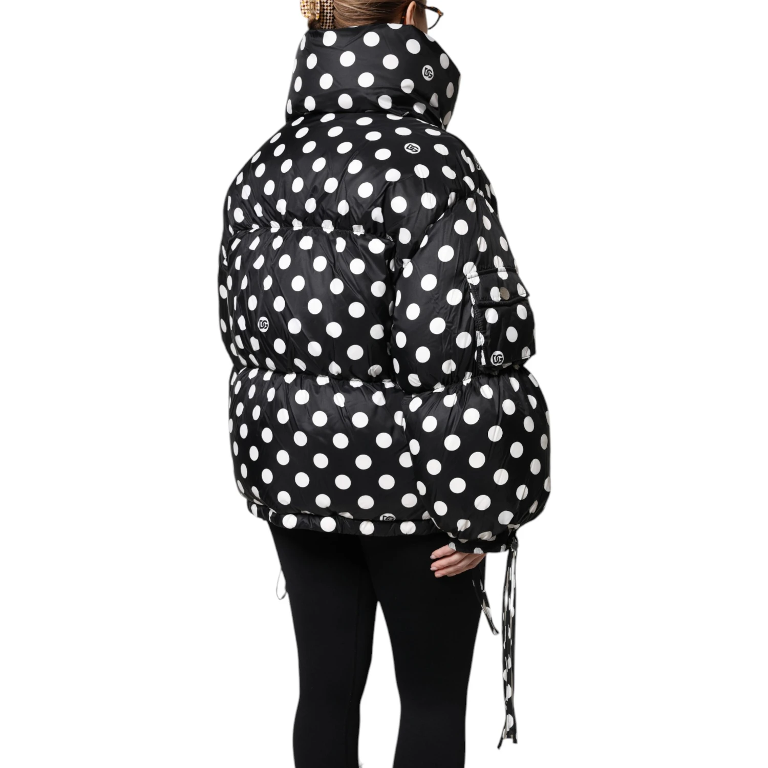 Black White Polka Dot Full Zip Puffer Jacket