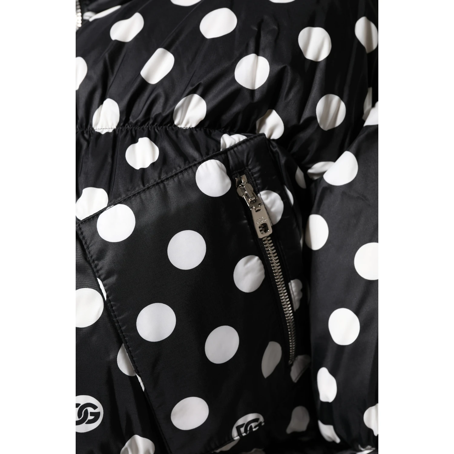 Black White Polka Dot Full Zip Puffer Jacket