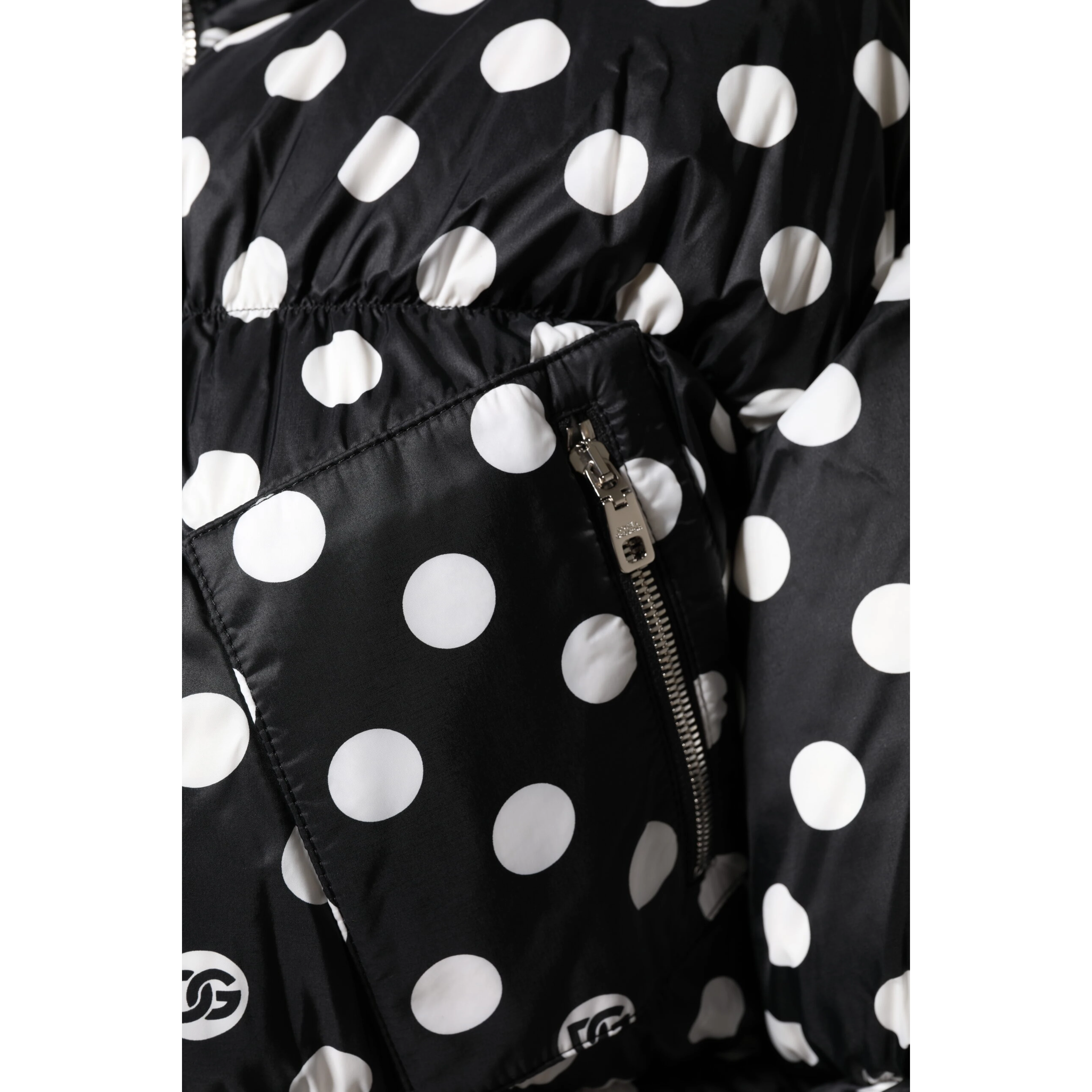 Black White Polka Dot Full Zip Puffer Jacket