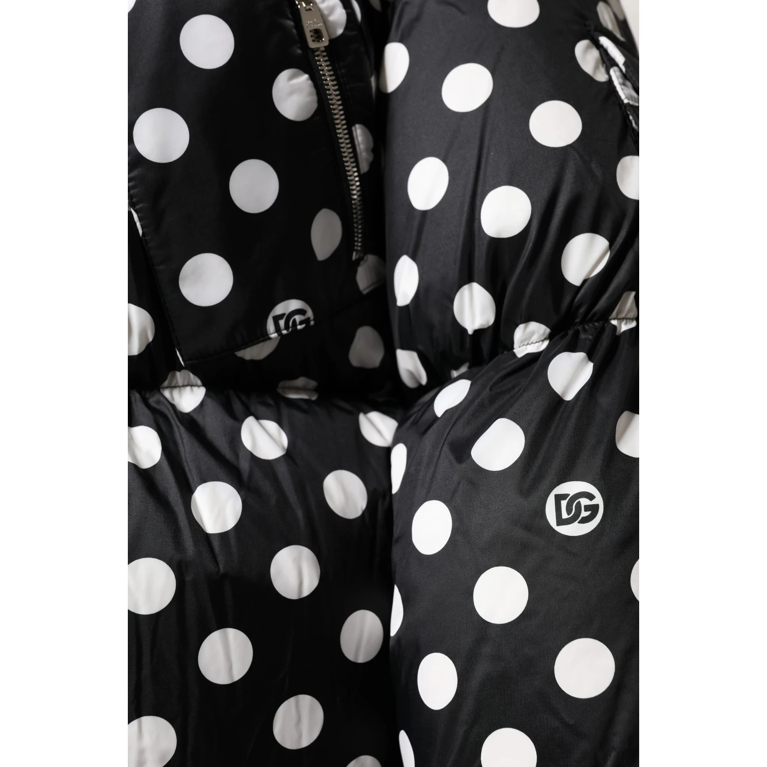 Black White Polka Dot Full Zip Puffer Jacket