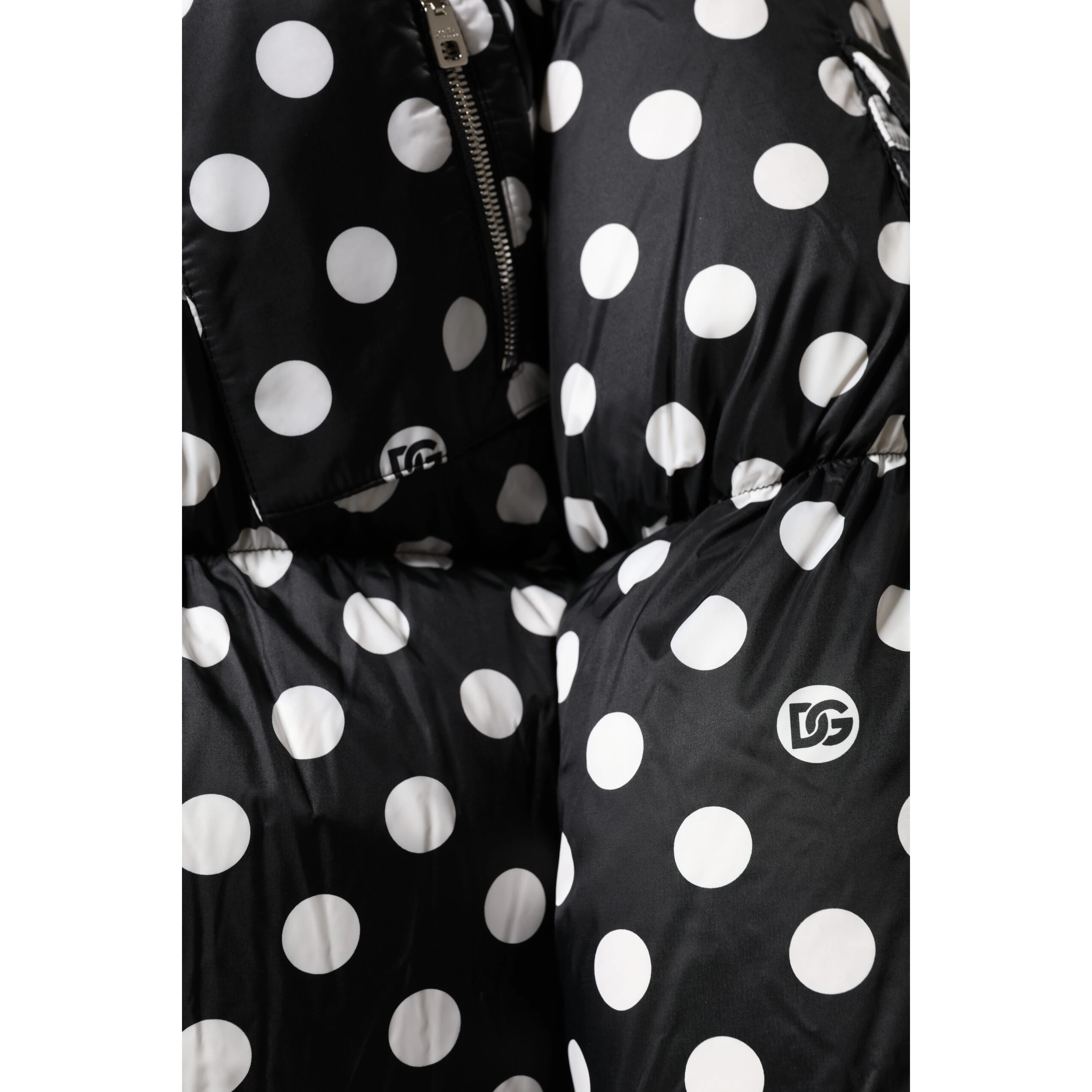 Black White Polka Dot Full Zip Puffer Jacket