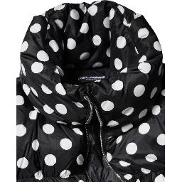 Black White Polka Dot Full Zip Puffer Jacket