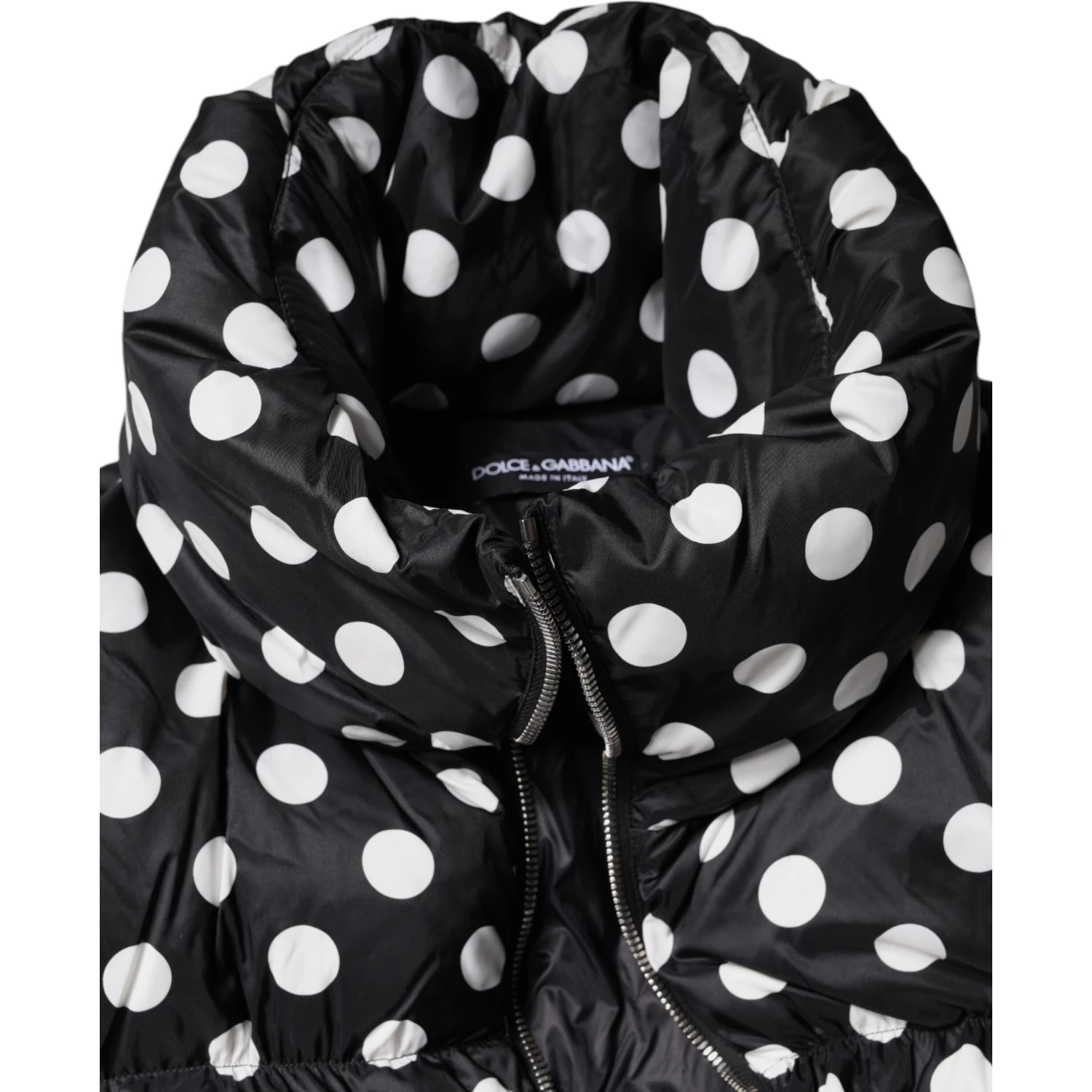 Black White Polka Dot Full Zip Puffer Jacket
