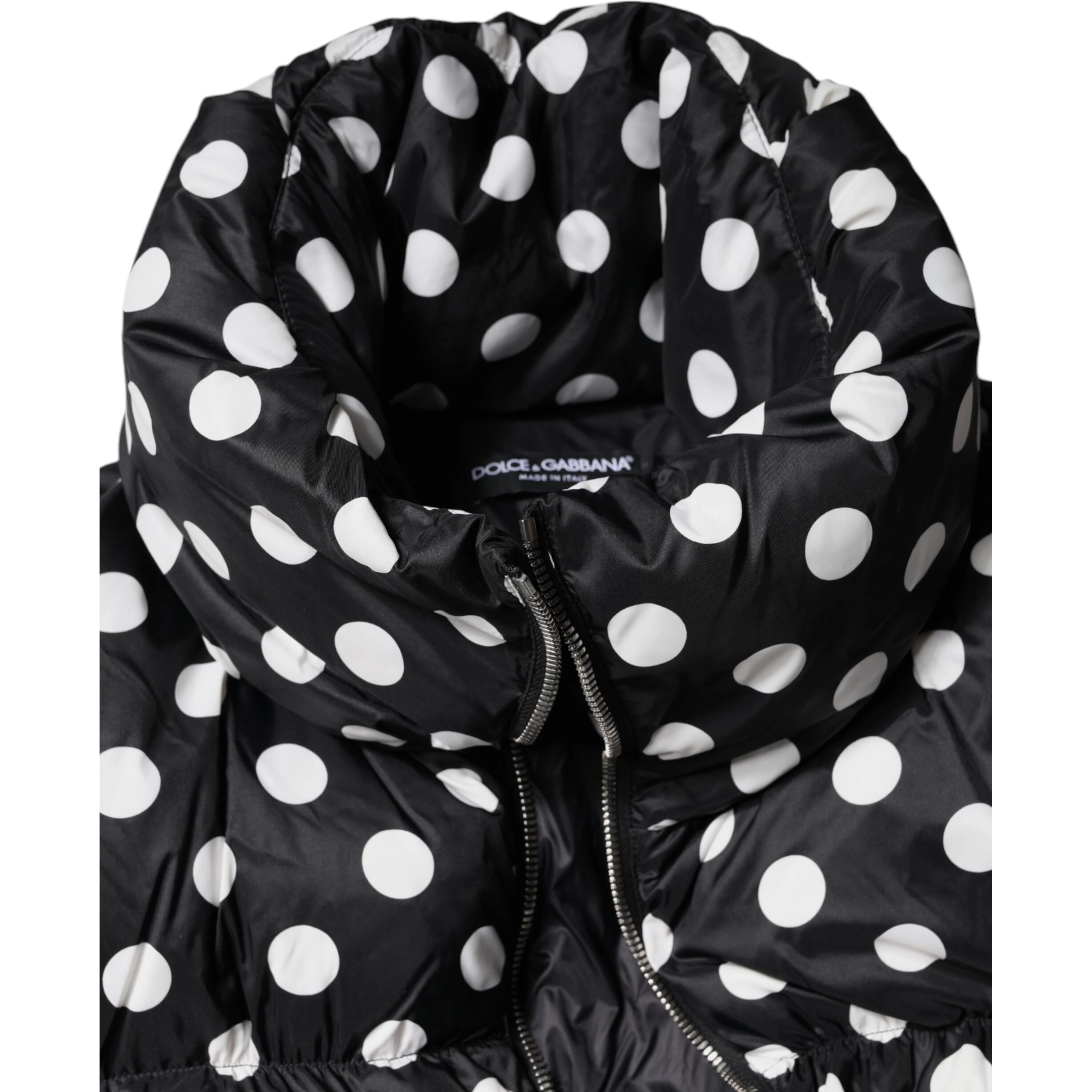 Black White Polka Dot Full Zip Puffer Jacket