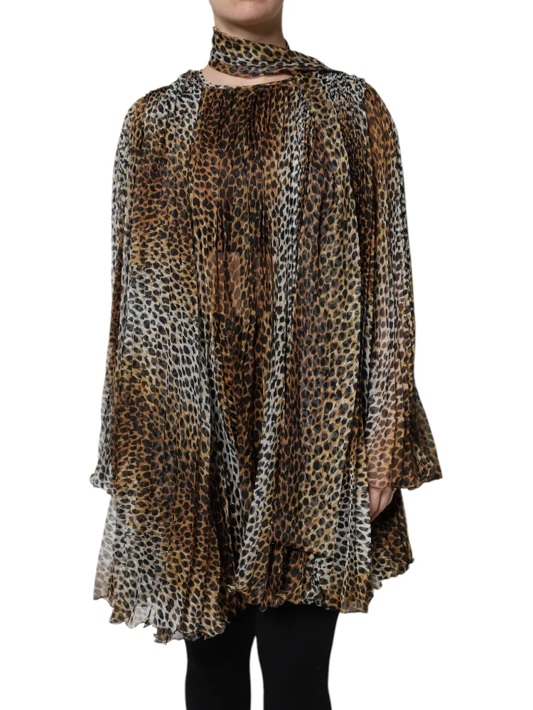 Brown Leopard Print Scarf Collared Chiffon Dress