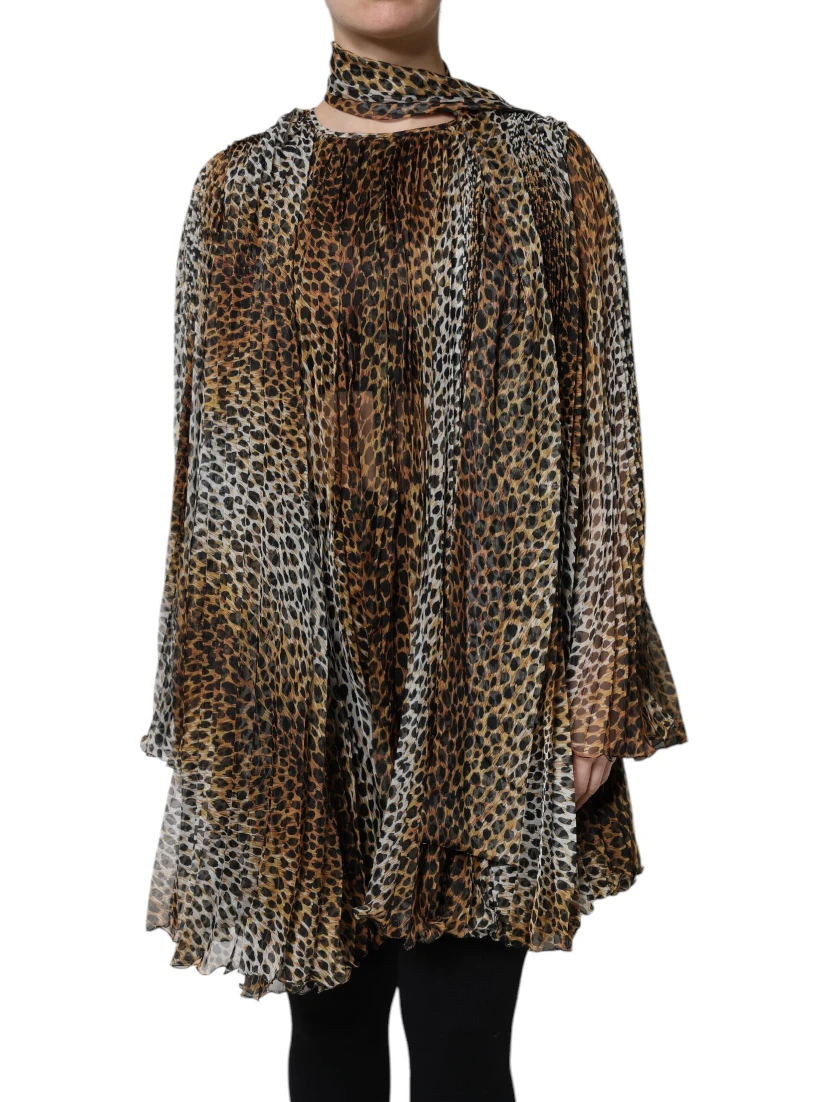 Brown Leopard Print Scarf Collared Chiffon Dress