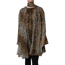Brown Leopard Print Scarf Collared Chiffon Dress