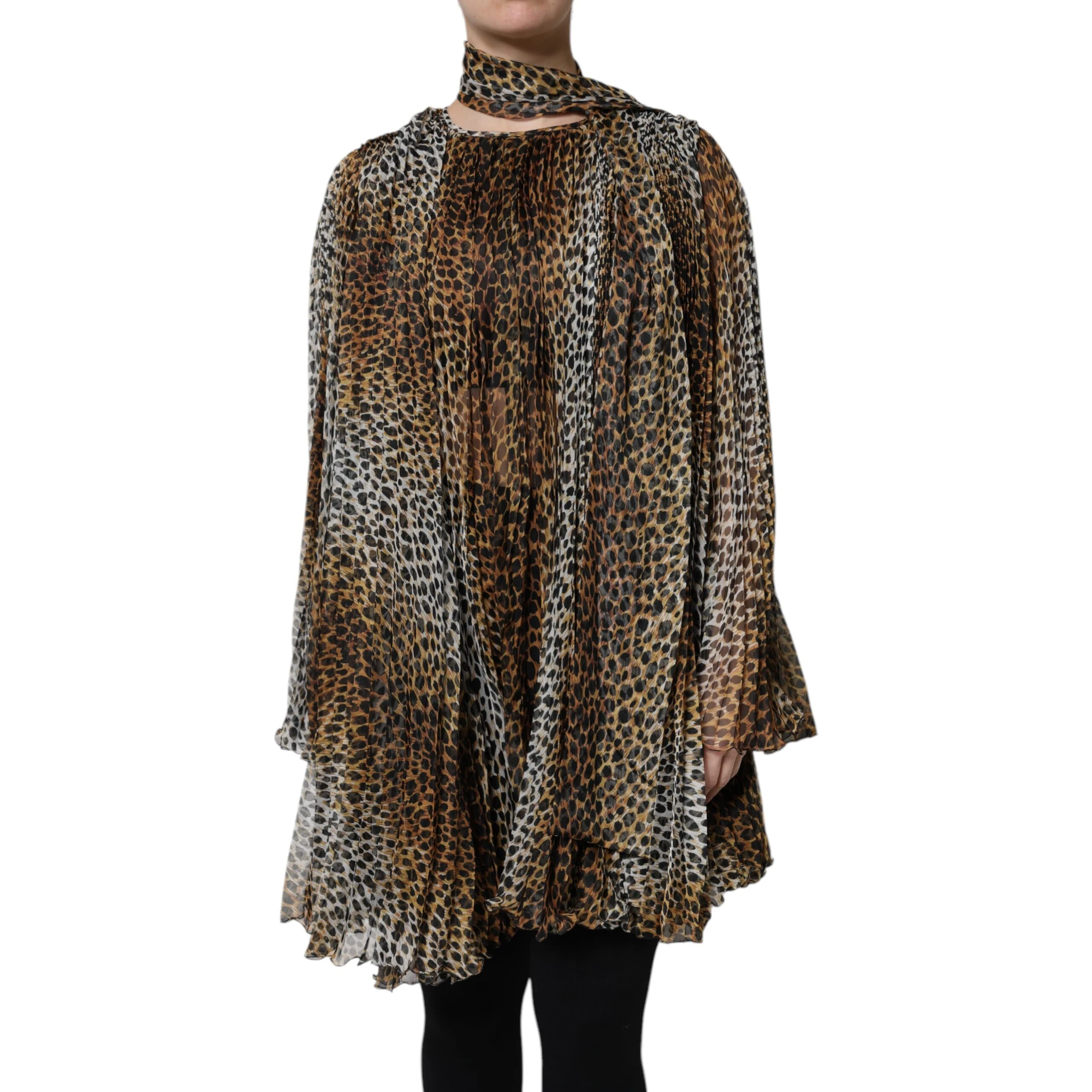 Brown Leopard Print Scarf Collared Chiffon Dress