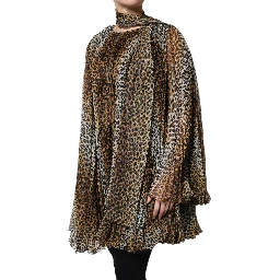Brown Leopard Print Scarf Collared Chiffon Dress