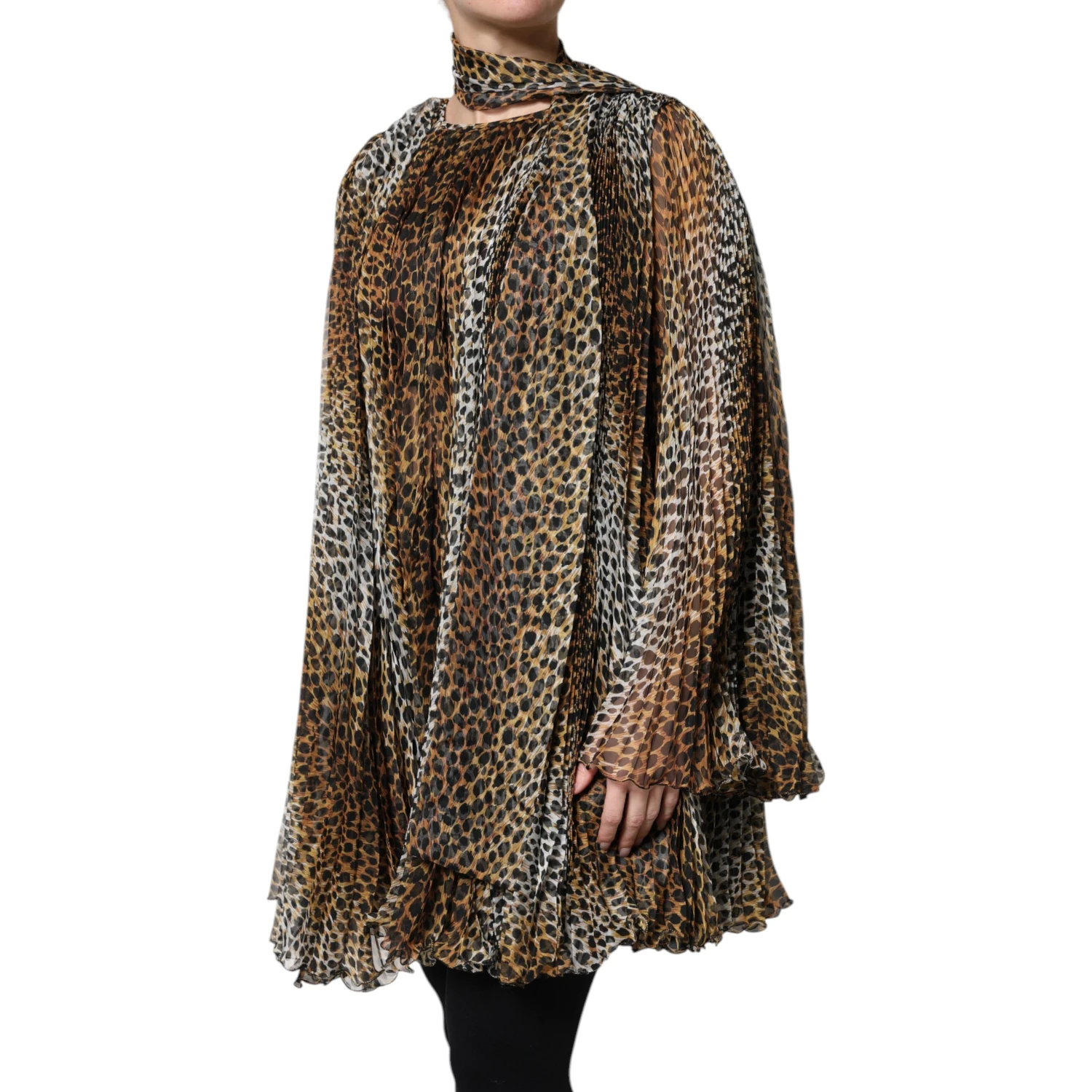Brown Leopard Print Scarf Collared Chiffon Dress