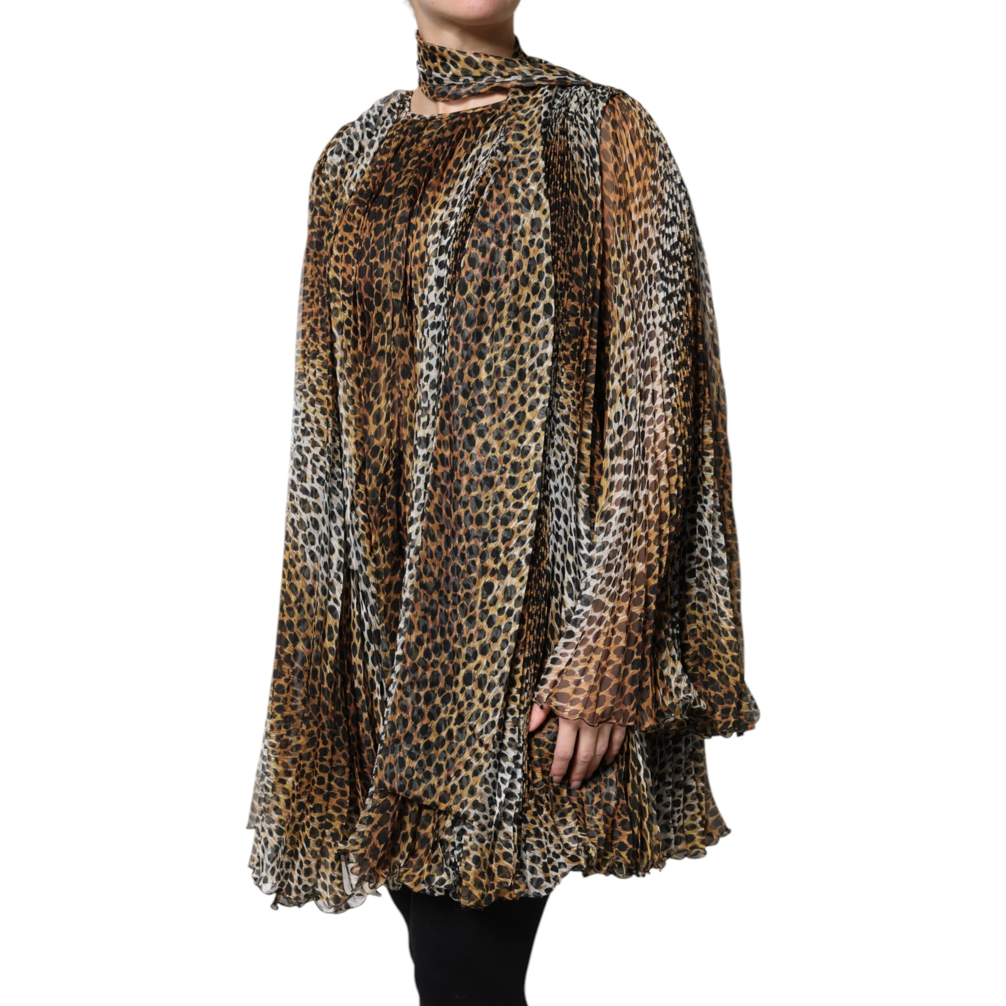 Brown Leopard Print Scarf Collared Chiffon Dress